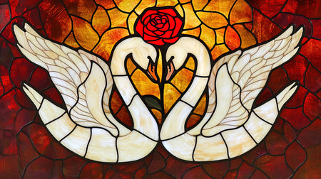 An enchanting stained glass window with a mesmerizing depiction of the rose of swans The artwork showcases a dark crimson and light amber color palette creating a gothic atmosphere The vibrant stage backdrops and intricate whimsical details add to its charm Created using a vibrant palette knife technique with bold and vibrant primary colorsの素材