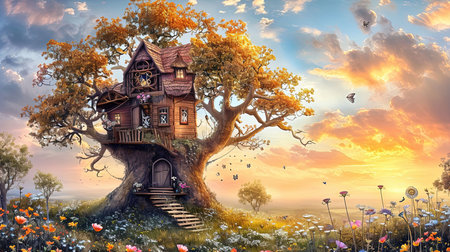 A painting of a whimsical tree house and flowers with spectacular backdrops and multilayered dimensions It has selkiecore and dreamlike architecture with rustic charm and a solarizing master touch Lovely and chaotic Job ID 1fe7212b087c488c93276180a4ee4a6fの素材
