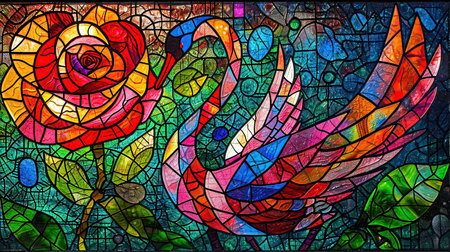 An enchanting stained glass window with a mesmerizing depiction of the rose of swans The artwork showcases a dark crimson and light amber color palette creating a gothic atmosphere The vibrant stage backdrops and intricate whimsical details add to its charm Created using a vibrant palette knife technique with bold and vibrant primary colorsの素材