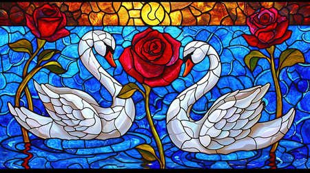 An enchanting stained glass window with a mesmerizing depiction of the rose of swans The artwork showcases a dark crimson and light amber color palette creating a gothic atmosphere The vibrant stage backdrops and intricate whimsical details add to its charm Created using a vibrant palette knife technique with bold and vibrant primary colorsの素材