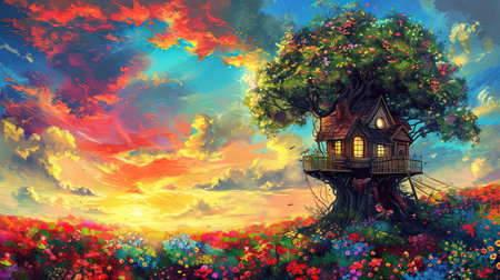 A painting of a whimsical tree house and flowers with spectacular backdrops and multilayered dimensions It has selkiecore and dreamlike architecture with rustic charm and a solarizing master touch Lovely and chaotic Job ID 1fe7212b087c488c93276180a4ee4a6fの素材