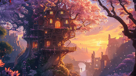A painting of a whimsical tree house and flowers with spectacular backdrops and multilayered dimensions It has selkiecore and dreamlike architecture with rustic charm and a solarizing master touch Lovely and chaotic Job ID 1fe7212b087c488c93276180a4ee4a6fの素材