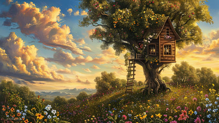 A painting of a whimsical tree house and flowers with spectacular backdrops and multilayered dimensions It has selkiecore and dreamlike architecture with rustic charm and a solarizing master touch Lovely and chaotic Job ID 1fe7212b087c488c93276180a4ee4a6fの素材