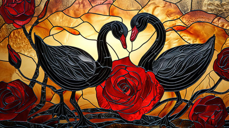 An enchanting stained glass window with a mesmerizing depiction of the rose of swans The artwork showcases a dark crimson and light amber color palette creating a gothic atmosphere The vibrant stage backdrops and intricate whimsical details add to its charm Created using a vibrant palette knife technique with bold and vibrant primary colorsの素材