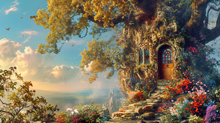 A painting of a whimsical tree house and flowers with spectacular backdrops and multilayered dimensions It has selkiecore and dreamlike architecture with rustic charm and a solarizing master touch Lovely and chaotic Job ID 1fe7212b087c488c93276180a4ee4a6fの素材