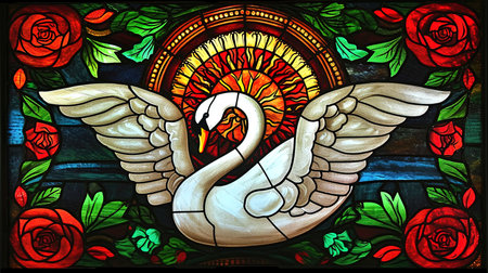 An enchanting stained glass window with a mesmerizing depiction of the rose of swans The artwork showcases a dark crimson and light amber color palette creating a gothic atmosphere The vibrant stage backdrops and intricate whimsical details add to its charm Created using a vibrant palette knife technique with bold and vibrant primary colorsの素材