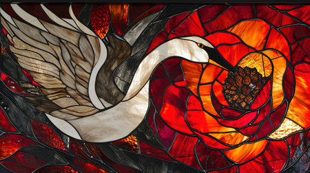 An enchanting stained glass window with a mesmerizing depiction of the rose of swans The artwork showcases a dark crimson and light amber color palette creating a gothic atmosphere The vibrant stage backdrops and intricate whimsical details add to its charm Created using a vibrant palette knife technique with bold and vibrant primary colorsの素材