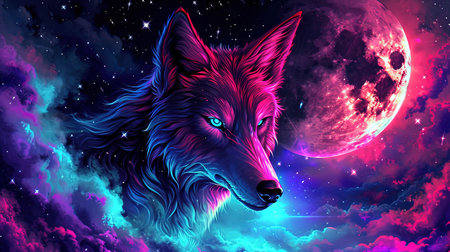 A stunning digital image of a wolf with stars under her eyes and a glowing moon The image is beautifully designed in the style of skyblue and maroon with touches of dark azure and magenta The realistic depictions bring the artwork to life The image evokes a sense of mystery and awe Perfect for any art lover or nature enthusiastの素材