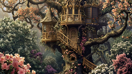 A painting of a whimsical tree house and flowers with spectacular backdrops and multilayered dimensions It has selkiecore and dreamlike architecture with rustic charm and a solarizing master touch Lovely and chaotic Job ID 1fe7212b087c488c93276180a4ee4a6fの素材