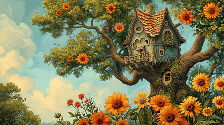 A painting of a whimsical tree house and flowers with spectacular backdrops and multilayered dimensions It has selkiecore and dreamlike architecture with rustic charm and a solarizing master touch Lovely and chaotic Job ID 1fe7212b087c488c93276180a4ee4a6fの素材