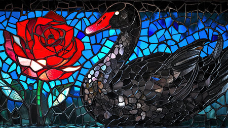 An enchanting stained glass window with a mesmerizing depiction of the rose of swans The artwork showcases a dark crimson and light amber color palette creating a gothic atmosphere The vibrant stage backdrops and intricate whimsical details add to its charm Created using a vibrant palette knife technique with bold and vibrant primary colorsの素材
