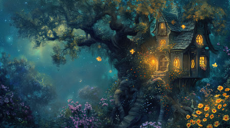 A painting of a whimsical tree house and flowers with spectacular backdrops and multilayered dimensions It has selkiecore and dreamlike architecture with rustic charm and a solarizing master touch Lovely and chaotic Job ID 1fe7212b087c488c93276180a4ee4a6fの素材