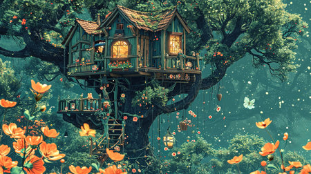 A painting of a whimsical tree house and flowers with spectacular backdrops and multilayered dimensions It has selkiecore and dreamlike architecture with rustic charm and a solarizing master touch Lovely and chaotic Job ID 1fe7212b087c488c93276180a4ee4a6fの素材