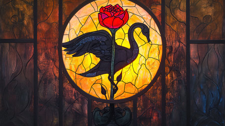 An enchanting stained glass window with a mesmerizing depiction of the rose of swans The artwork showcases a dark crimson and light amber color palette creating a gothic atmosphere The vibrant stage backdrops and intricate whimsical details add to its charm Created using a vibrant palette knife technique with bold and vibrant primary colorsの素材