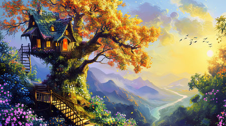A painting of a whimsical tree house and flowers with spectacular backdrops and multilayered dimensions It has selkiecore and dreamlike architecture with rustic charm and a solarizing master touch Lovely and chaotic Job ID 1fe7212b087c488c93276180a4ee4a6fの素材