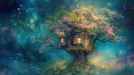 A painting of a whimsical tree house and flowers with spectacular backdrops and multilayered dimensions It has selkiecore and dreamlike architecture with rustic charm and a solarizing master touch Lovely and chaotic Job ID 1fe7212b087c488c93276180a4ee4a6fの素材