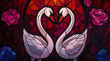 An enchanting stained glass window with a mesmerizing depiction of the rose of swans The artwork showcases a dark crimson and light amber color palette creating a gothic atmosphere The vibrant stage backdrops and intricate whimsical details add to its charm Created using a vibrant palette knife technique with bold and vibrant primary colorsの素材