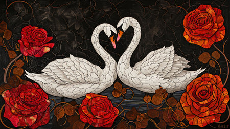 An enchanting stained glass window with a mesmerizing depiction of the rose of swans The artwork showcases a dark crimson and light amber color palette creating a gothic atmosphere The vibrant stage backdrops and intricate whimsical details add to its charm Created using a vibrant palette knife technique with bold and vibrant primary colorsの素材