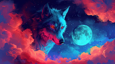 A stunning digital image of a wolf with stars under her eyes and a glowing moon The image is beautifully designed in the style of skyblue and maroon with touches of dark azure and magenta The realistic depictions bring the artwork to life The image evokes a sense of mystery and awe Perfect for any art lover or nature enthusiastの素材