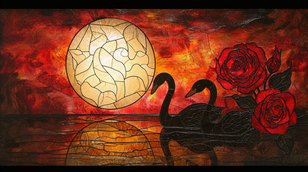 An enchanting stained glass window with a mesmerizing depiction of the rose of swans The artwork showcases a dark crimson and light amber color palette creating a gothic atmosphere The vibrant stage backdrops and intricate whimsical details add to its charm Created using a vibrant palette knife technique with bold and vibrant primary colorsの素材