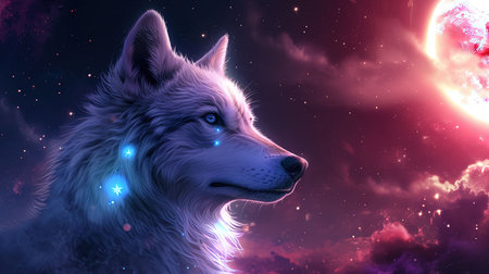 A stunning digital image of a wolf with stars under her eyes and a glowing moon The image is beautifully designed in the style of skyblue and maroon with touches of dark azure and magenta The realistic depictions bring the artwork to life The image evokes a sense of mystery and awe Perfect for any art lover or nature enthusiastの素材