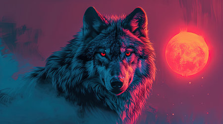 A stunning digital image of a wolf with stars under her eyes and a glowing moon The image is beautifully designed in the style of skyblue and maroon with touches of dark azure and magenta The realistic depictions bring the artwork to life The image evokes a sense of mystery and awe Perfect for any art lover or nature enthusiastの素材