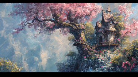 A painting of a whimsical tree house and flowers with spectacular backdrops and multilayered dimensions It has selkiecore and dreamlike architecture with rustic charm and a solarizing master touch Lovely and chaotic Job ID 1fe7212b087c488c93276180a4ee4a6fの素材