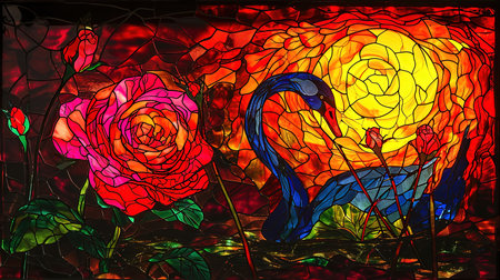 An enchanting stained glass window with a mesmerizing depiction of the rose of swans The artwork showcases a dark crimson and light amber color palette creating a gothic atmosphere The vibrant stage backdrops and intricate whimsical details add to its charm Created using a vibrant palette knife technique with bold and vibrant primary colorsの素材