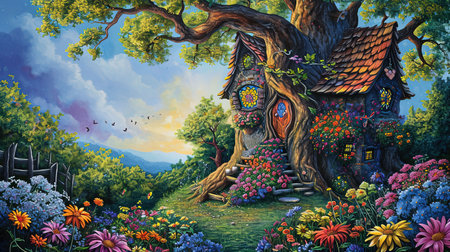 A painting of a whimsical tree house and flowers with spectacular backdrops and multilayered dimensions It has selkiecore and dreamlike architecture with rustic charm and a solarizing master touch Lovely and chaotic Job ID 1fe7212b087c488c93276180a4ee4a6fの素材