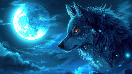 A stunning digital image of a wolf with stars under her eyes and a glowing moon The image is beautifully designed in the style of skyblue and maroon with touches of dark azure and magenta The realistic depictions bring the artwork to life The image evokes a sense of mystery and awe Perfect for any art lover or nature enthusiastの素材
