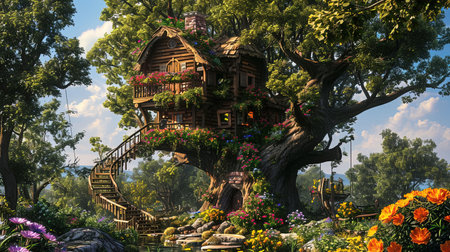 A painting of a whimsical tree house and flowers with spectacular backdrops and multilayered dimensions It has selkiecore and dreamlike architecture with rustic charm and a solarizing master touch Lovely and chaotic Job ID 1fe7212b087c488c93276180a4ee4a6fの素材