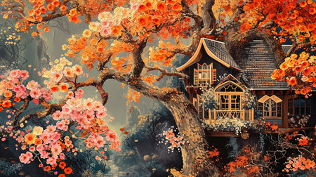A painting of a whimsical tree house and flowers with spectacular backdrops and multilayered dimensions It has selkiecore and dreamlike architecture with rustic charm and a solarizing master touch Lovely and chaotic Job ID 1fe7212b087c488c93276180a4ee4a6fの素材