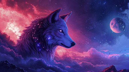 A stunning digital image of a wolf with stars under her eyes and a glowing moon The image is beautifully designed in the style of skyblue and maroon with touches of dark azure and magenta The realistic depictions bring the artwork to life The image evokes a sense of mystery and awe Perfect for any art lover or nature enthusiastの素材