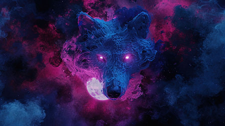 A stunning digital image of a wolf with stars under her eyes and a glowing moon The image is beautifully designed in the style of skyblue and maroon with touches of dark azure and magenta The realistic depictions bring the artwork to life The image evokes a sense of mystery and awe Perfect for any art lover or nature enthusiastの素材