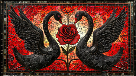 An enchanting stained glass window with a mesmerizing depiction of the rose of swans The artwork showcases a dark crimson and light amber color palette creating a gothic atmosphere The vibrant stage backdrops and intricate whimsical details add to its charm Created using a vibrant palette knife technique with bold and vibrant primary colorsの素材
