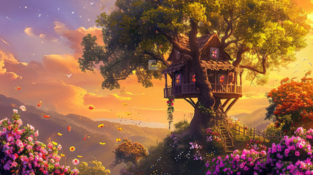 A painting of a whimsical tree house and flowers with spectacular backdrops and multilayered dimensions It has selkiecore and dreamlike architecture with rustic charm and a solarizing master touch Lovely and chaotic Job ID 1fe7212b087c488c93276180a4ee4a6fの素材