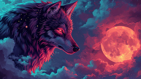 A stunning digital image of a wolf with stars under her eyes and a glowing moon The image is beautifully designed in the style of skyblue and maroon with touches of dark azure and magenta The realistic depictions bring the artwork to life The image evokes a sense of mystery and awe Perfect for any art lover or nature enthusiastの素材