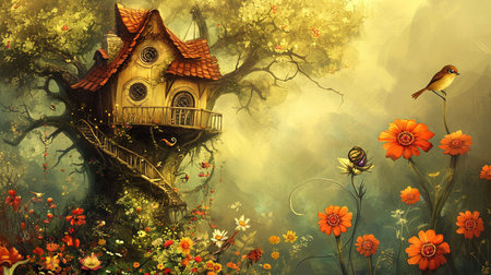 A painting of a whimsical tree house and flowers with spectacular backdrops and multilayered dimensions It has selkiecore and dreamlike architecture with rustic charm and a solarizing master touch Lovely and chaotic Job ID 1fe7212b087c488c93276180a4ee4a6fの素材