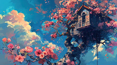 A painting of a whimsical tree house and flowers with spectacular backdrops and multilayered dimensions It has selkiecore and dreamlike architecture with rustic charm and a solarizing master touch Lovely and chaotic Job ID 1fe7212b087c488c93276180a4ee4a6fの素材
