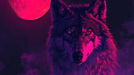 A stunning digital image of a wolf with stars under her eyes and a glowing moon The image is beautifully designed in the style of skyblue and maroon with touches of dark azure and magenta The realistic depictions bring the artwork to life The image evokes a sense of mystery and awe Perfect for any art lover or nature enthusiastの素材