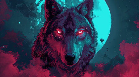 A stunning digital image of a wolf with stars under her eyes and a glowing moon The image is beautifully designed in the style of skyblue and maroon with touches of dark azure and magenta The realistic depictions bring the artwork to life The image evokes a sense of mystery and awe Perfect for any art lover or nature enthusiastの素材