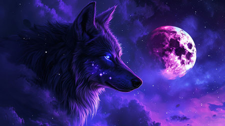 A stunning digital image of a wolf with stars under her eyes and a glowing moon The image is beautifully designed in the style of skyblue and maroon with touches of dark azure and magenta The realistic depictions bring the artwork to life The image evokes a sense of mystery and awe Perfect for any art lover or nature enthusiastの素材