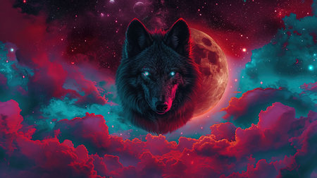 A stunning digital image of a wolf with stars under her eyes and a glowing moon The image is beautifully designed in the style of skyblue and maroon with touches of dark azure and magenta The realistic depictions bring the artwork to life The image evokes a sense of mystery and awe Perfect for any art lover or nature enthusiastの素材