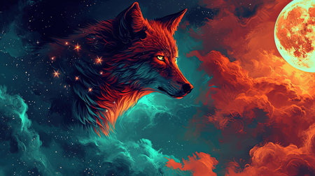 A stunning digital image of a wolf with stars under her eyes and a glowing moon The image is beautifully designed in the style of skyblue and maroon with touches of dark azure and magenta The realistic depictions bring the artwork to life The image evokes a sense of mystery and awe Perfect for any art lover or nature enthusiastの素材