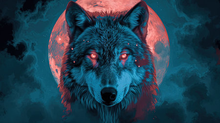A stunning digital image of a wolf with stars under her eyes and a glowing moon The image is beautifully designed in the style of skyblue and maroon with touches of dark azure and magenta The realistic depictions bring the artwork to life The image evokes a sense of mystery and awe Perfect for any art lover or nature enthusiastの素材