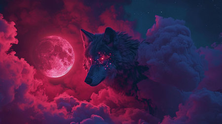 A stunning digital image of a wolf with stars under her eyes and a glowing moon The image is beautifully designed in the style of skyblue and maroon with touches of dark azure and magenta The realistic depictions bring the artwork to life The image evokes a sense of mystery and awe Perfect for any art lover or nature enthusiastの素材