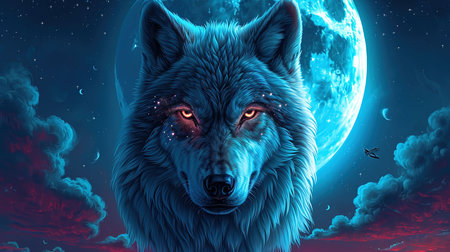 A stunning digital image of a wolf with stars under her eyes and a glowing moon The image is beautifully designed in the style of skyblue and maroon with touches of dark azure and magenta The realistic depictions bring the artwork to life The image evokes a sense of mystery and awe Perfect for any art lover or nature enthusiastの素材