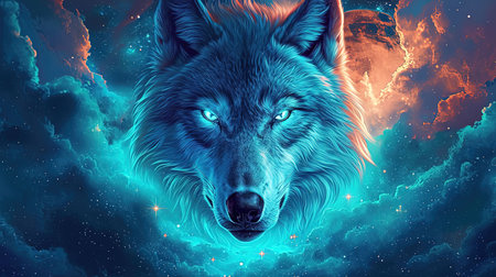 A stunning digital image of a wolf with stars under her eyes and a glowing moon The image is beautifully designed in the style of skyblue and maroon with touches of dark azure and magenta The realistic depictions bring the artwork to life The image evokes a sense of mystery and awe Perfect for any art lover or nature enthusiastの素材