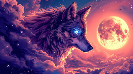 A stunning digital image of a wolf with stars under her eyes and a glowing moon The image is beautifully designed in the style of skyblue and maroon with touches of dark azure and magenta The realistic depictions bring the artwork to life The image evokes a sense of mystery and awe Perfect for any art lover or nature enthusiastの素材