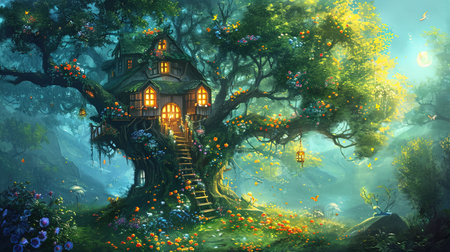 A painting of a whimsical tree house and flowers with spectacular backdrops and multilayered dimensions It has selkiecore and dreamlike architecture with rustic charm and a solarizing master touch Lovely and chaotic Job ID 1fe7212b087c488c93276180a4ee4a6fの素材